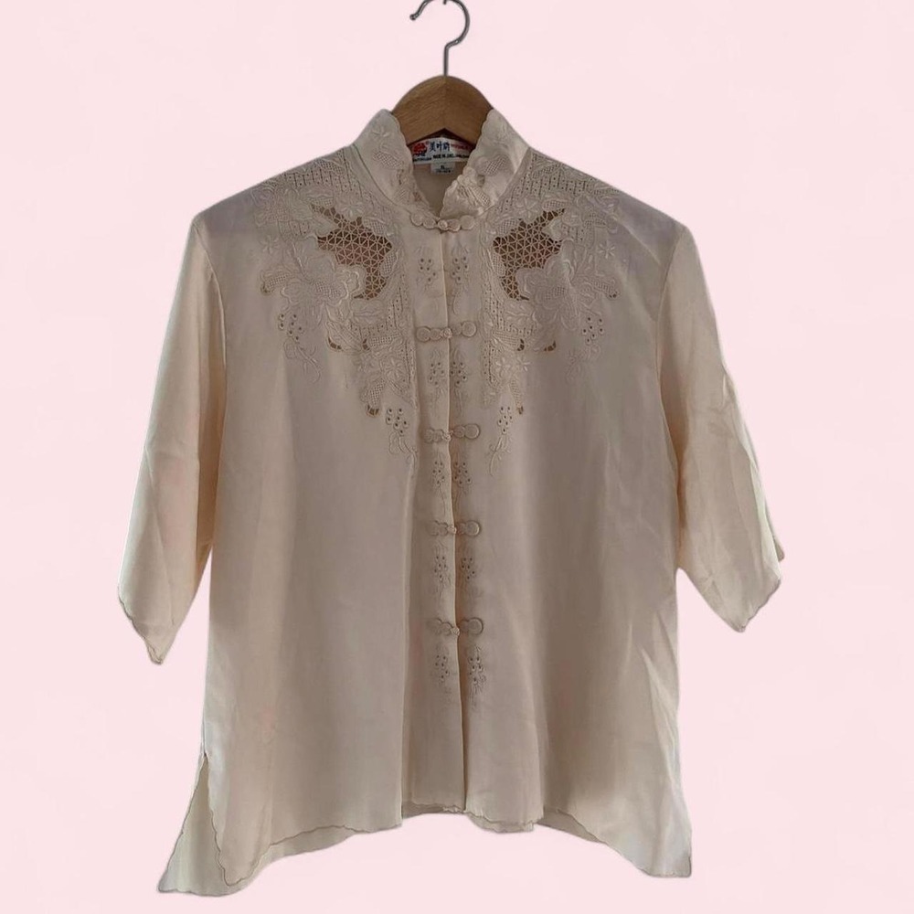 Vintage Cream Silk Embroidered Blouse — Size XL